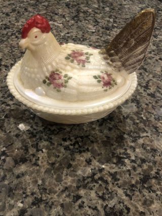 Vintage Westmoreland Hen On Nest Hand Painted Signed By Artist