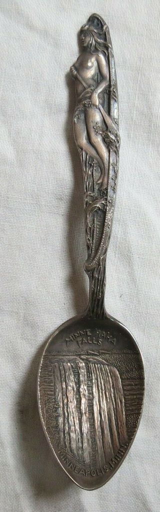 Sterling Silver Souvenir Spoon Minnehaha Falls Mn Nude Maiden&canoe Old Antique