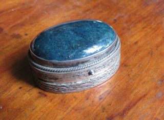 Ornate 900 Silver Pill Box With Blue Stone On Lid