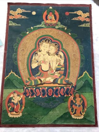 Vtg Thangka Vajrasattva Union Tantric Tibetan Buddhist Art 24x17” Paubha Nepal
