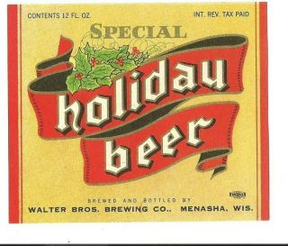 Special Holiday Beer Label,  Irtp,  Walter Bros.  Brewing Co. ,  Menasha,  Wi