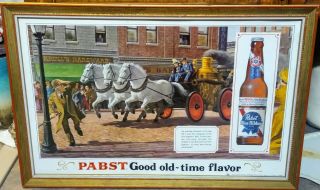Vintage Pabst Blue Ribbon Beer " Fire Engine " Framed Cardboard Sign.  Nos &