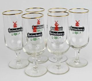 Set of 6 Vintage Heineken ' s Collectible Stemmed Beer Glasses - Windmill Logo 3