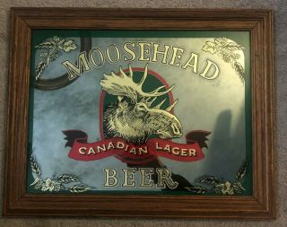 Moosehead Canadian Lager Beer Bar Mirror Sign Wood Frame Vintage 19 X 15