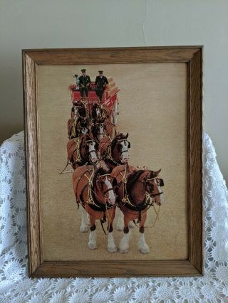 Budweiser Beer Clydesdale Advertising Wooden Framed Wall Picture 26 3/4 " X 21 "