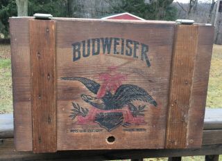 Vtg Anheuser Busch Budweiser Beer Wood Crate W/hinged Lid Wooden Box Breweriana