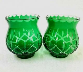 Bohemian Czech Candle Holders 2 Emerald Green Cut To Clear Crystal Vintage