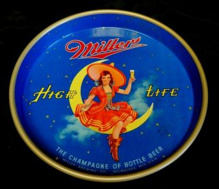 Vintage Miller High Life Beer Tray Girl On Moon Bright Colors 13 " Diameter