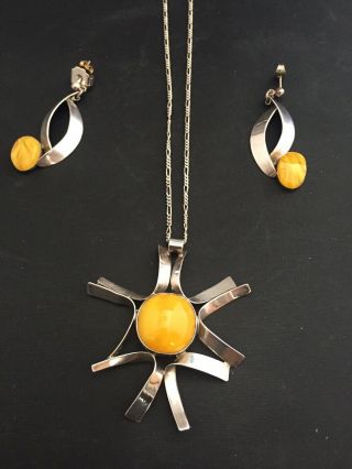 Vintage Sterling Artisan Eg Yolk Yellow Amber Necklace,  Chandelier Earrings Mod