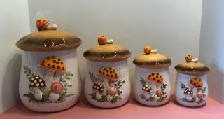 Vintage 1976 Sears Roebuck & Co.  Merry Mushroom Canisters Set Of 4 With Lids