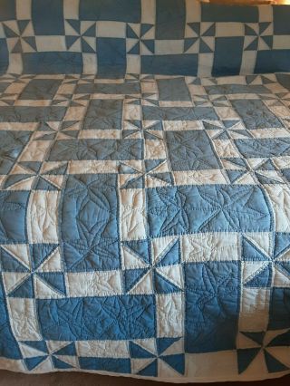 Vintage Hand Made Blue White Quilt 90 X 104