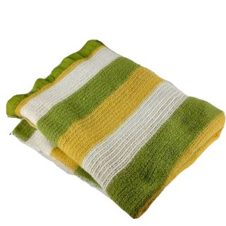 Vintage Wool Green Gold Striped Camp Blanket Waffle Weave Satin Trim 68 X 90