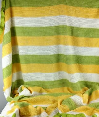 Vintage Wool Green Gold Striped Camp Blanket Waffle Weave Satin Trim 68 x 90 3