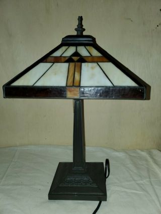 Vintage Stained Glass 21 " Table Lamp 12 1/2 " Square Shade