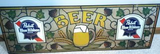 Vintage 36” Pabst Blue Ribbon Beer Pbr Faux Stained Glass Wall Bar Sign Pool Mug