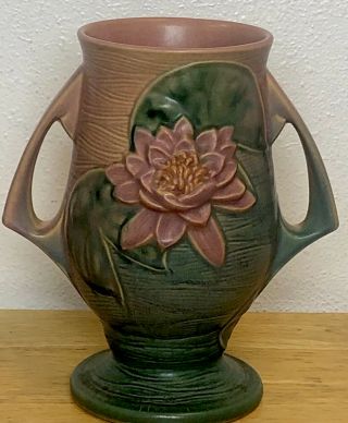 Vintage Roseville Usa Pottery Water Lilly Rose With Pink Flower 78 - 9 Vase