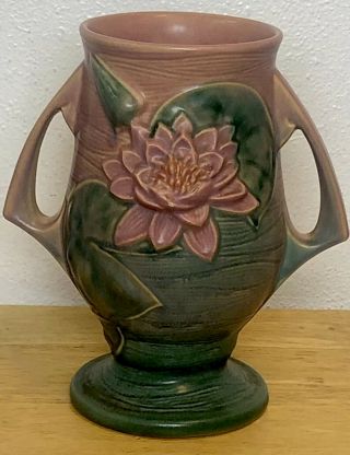 Vintage Roseville USA Pottery Water Lilly Rose With Pink Flower 78 - 9 Vase 3