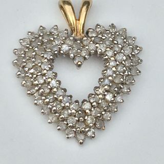 Vintage 10k Gold 1 " Diamond Heart Pendant Fancy 3 Rows Of Diamonds