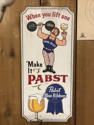 Vintage Advertising Pabst Blue Ribbon Pbr Wood Beer Bar Sign Strongman Cool Blue