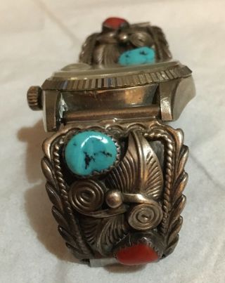 Vtg Sterling Silver Men’s Navajo Watchband Turquoise & Coral Nuggets