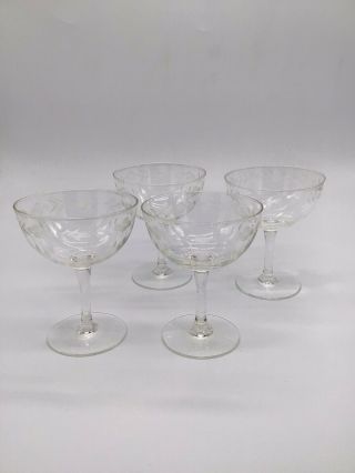 Stunning Art Deco Vtg Set Of 4 Etched Champagne Coupes/saucers/glasses Vgc