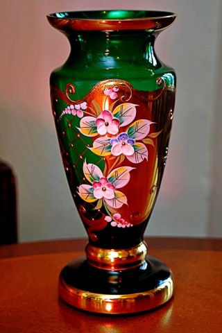 Vintage Czech Bohemian Glass Vase Emerald Green Hand Painted