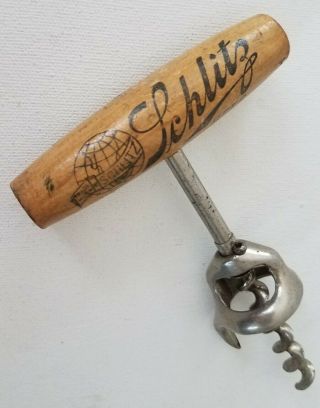 Antique Vtg Schlitz Beer Advertising Corkscrew Bottle Opener Wooden Wood Handle