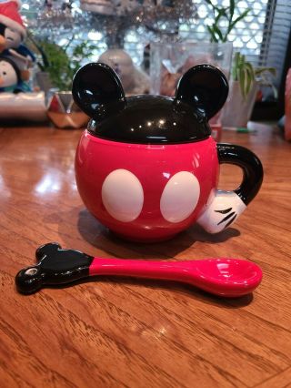 Disney Mickey Mouse Ceramic Mug Bowl Ears Lid With Spoon Euc