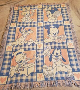 Vtg Disney Baby Woven Tapestry Mickey Minnie Blanket Throw 38 " X30 " Pluto Goofy