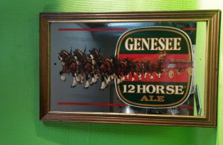 Vintage Genesee 12 Horse Ale Mirror Sign With Wooden Frame 22 " ×14 " ×3/4 "