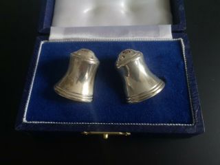 Vintage Cased Pair Solid Silver Wedding Bell Shaped Salt Pepper Pots Shakers