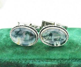 Vintage Sterling Silver Cufflinks Moss Agate Art Deco Peaky Blinders Gift R915