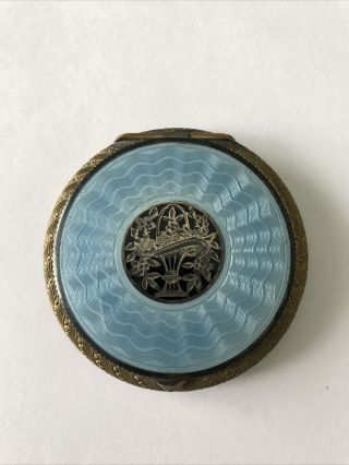 Antique French Blue Guilloche Enamel And Inlaid Sterling Compact Case 1920 