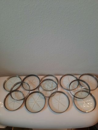 Set Of 12 Vintage Wallace Sterling Silver & Star Cut Glass Coasters