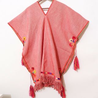 Vintage Mexican Mexico Gaban Serape Poncho Jorongo Blanket Handwoven Travel Red
