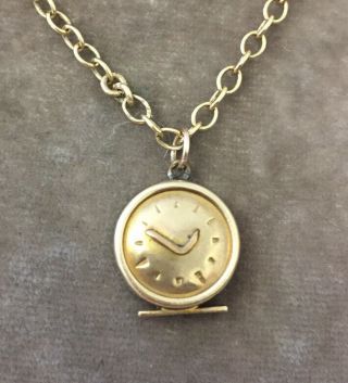Vintage Jewellery Adorable 9ct Gold Signed Clock Pendant With Chain
