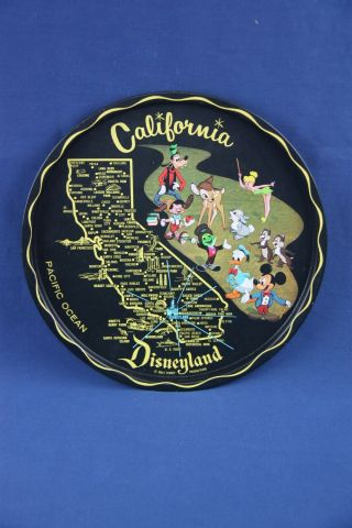California Disneyland Vintage Black Metal Round Souvenir Tray Characters On Map
