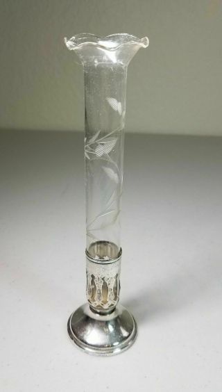 Rockwell Silver Co.  Bud Vase Sterling Silver Weighted Base Blown Etched Glass