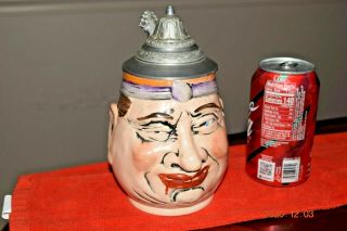 Antique Ugly Woman Character Hand Painted German Beer Stein,  Pewter Lid,