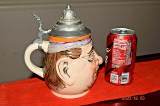 Antique Ugly Woman Character Hand Painted German Beer Stein,  Pewter Lid, 3