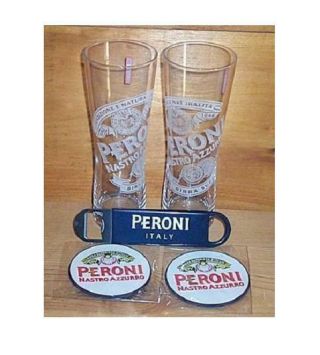 Peroni Signature Tumbler 2 Beer Pint Glasses Coasters & Bottle Opener 31cl