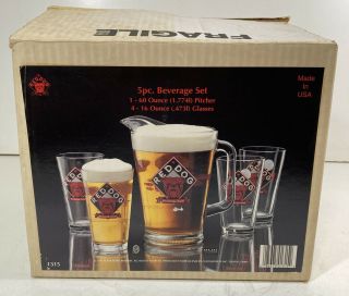 Rare Red Dog Glass Beer Pitcher & 4 Glasses Bar Set Paws U.  R Your Own Dog 1995