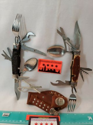 Vintage Camping Survival Multi Tool Folding Hobo Knife Spoon Fork Japan