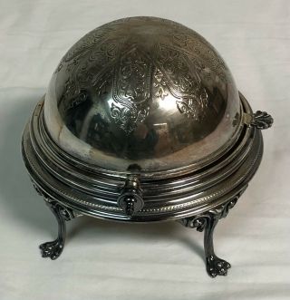 Antique Victorian Silverplate Butter Dish Dome Globe Roll Top Stamped Etched