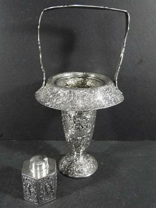 Barbour Silver Silverplate Repousse Dutch Scene Tea Caddy,  Handled Basket Vase