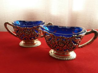 Vintage Cobalt Blue Glass & Silver Plated Creamer And Sugar Bowl Set
