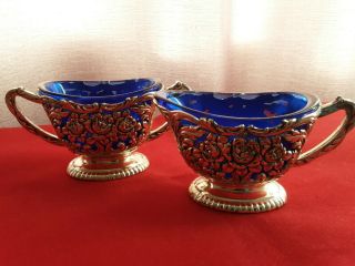 Vintage Cobalt Blue Glass & Silver Plated Creamer And Sugar Bowl Set 2
