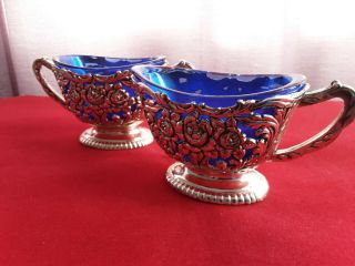 Vintage Cobalt Blue Glass & Silver Plated Creamer And Sugar Bowl Set 3