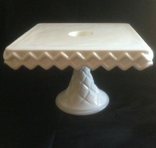 Vintage Indiana Glass White Milk Glass Square Pedestal Cake Stand With Rum Well