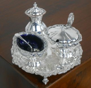 Looking Cruet Set On Tray - Silver Plated On Copper - Vintage